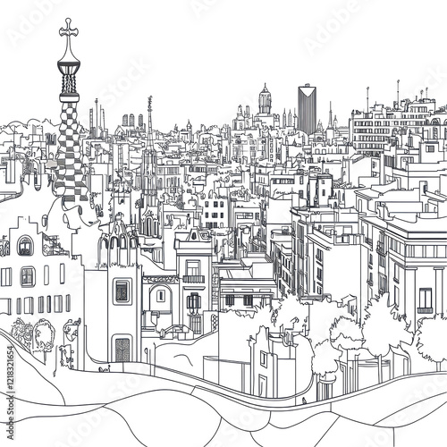 Wallpaper Mural Barcelona Cityscape Sketch Black and White Architecture Drawing Torontodigital.ca