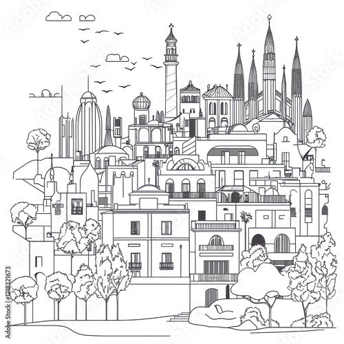 Wallpaper Mural Cityscape illustration black and white sketch style architecture buildings trees birds clouds Torontodigital.ca