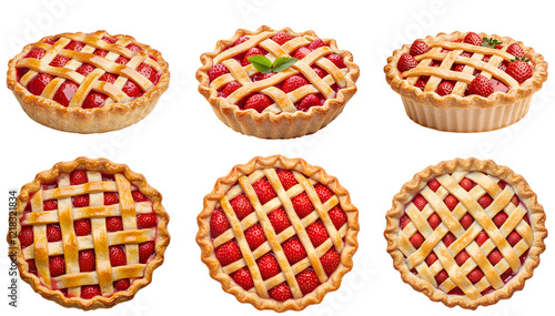 Collection of various Mini strawberry pies with lattice crust and fresh strawberries around isolated on white transparent background PNG set photo