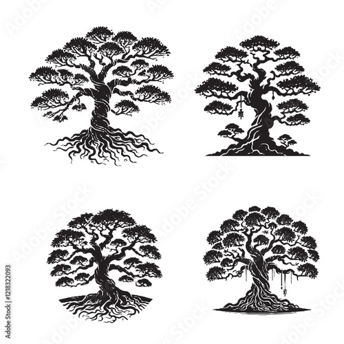 4 SET OF HIGH QUALITIY VECTOR Black Silhouette of the Chinese Banyan Tree on White Background