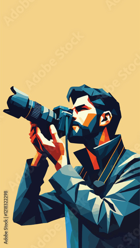 Portrait of a photographer pointing his camera upwards to photograph birds, bottom angle, in low poly style