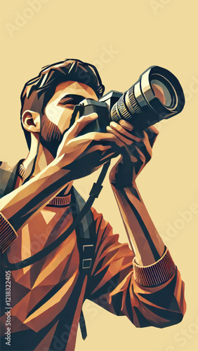 Portrait of a photographer pointing his camera upwards to photograph birds, bottom angle, in low poly style
