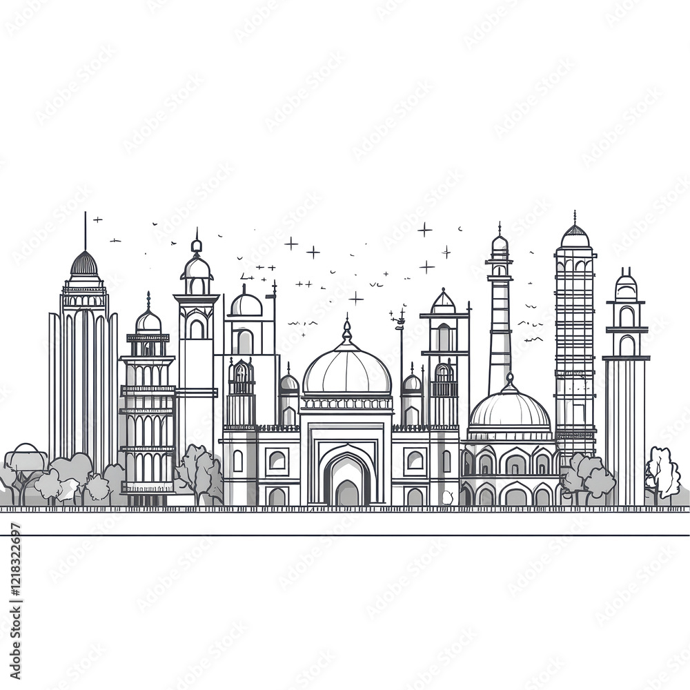 Fototapeta premium Monochrome Skyline of Iconic Indian Architecture Monuments and Modern Buildings,
