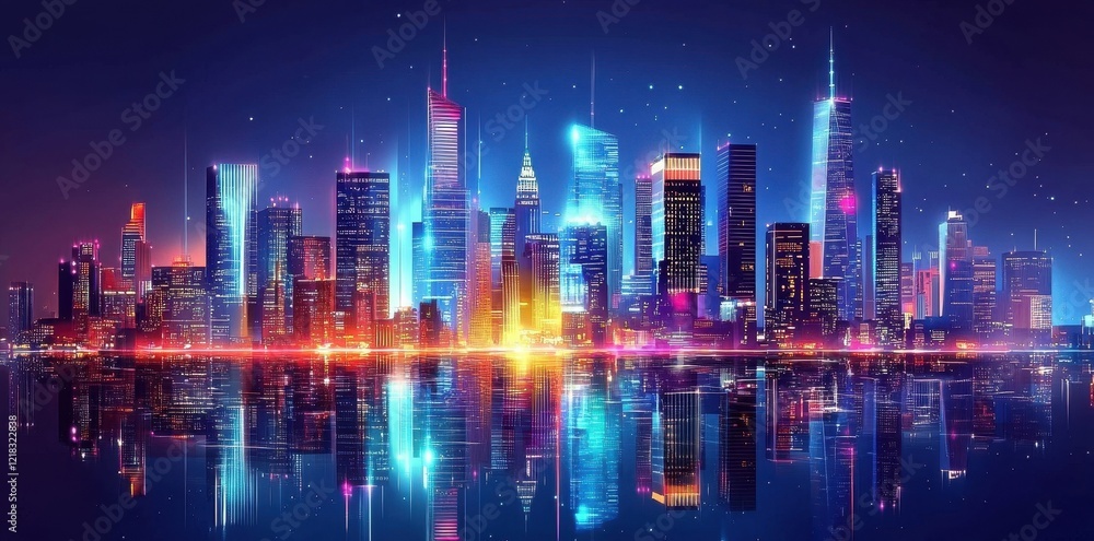 Obraz premium Vibrant Neon Cityscape Reflecting in Calm Waters at Night