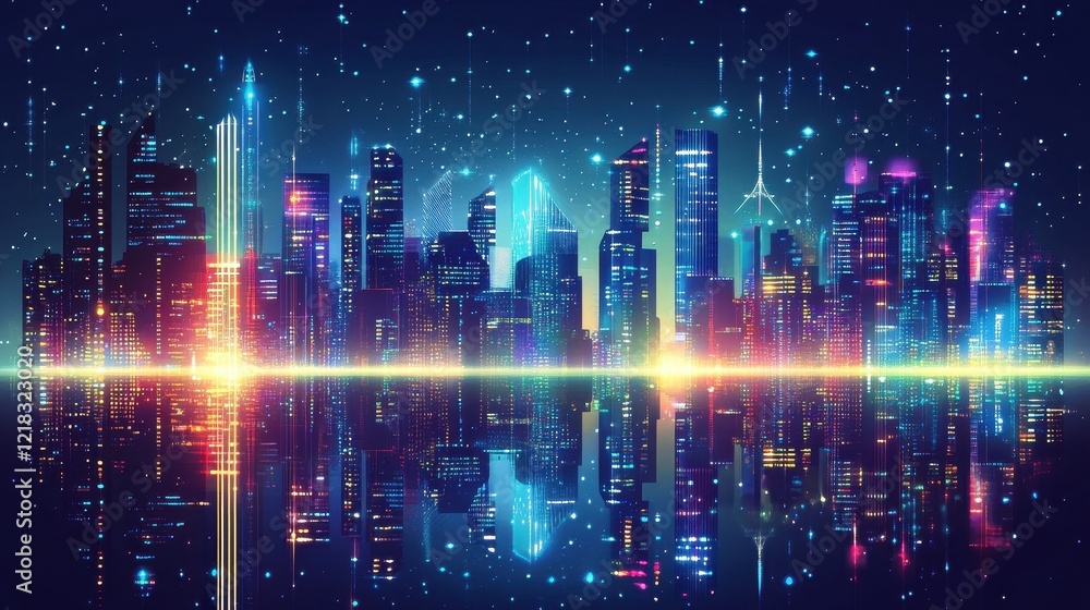 Fototapeta premium Neon Cityscape Reflecting in Still Water at Night