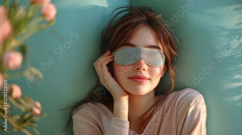 Wallpaper Mural A woman rests peacefully, wearing a cozy eye mask, as soft light envelops her. Surrounded by delicate flowers, she finds a moment of calm and reflection in her serene environment Torontodigital.ca