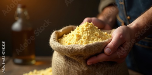 A brewer's sturdy hand grips a burlap sack of yeast , barley, brewer, yeast culture photo