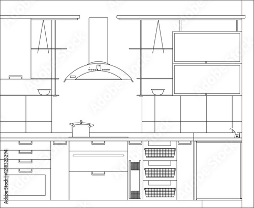 vector illustration design image of kitchen interior detail with kitchen set for cooking