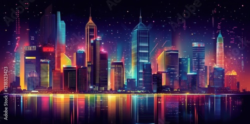 Wallpaper Mural Neon Cityscape at Night Glowing Skyscrapers Reflecting Light Torontodigital.ca