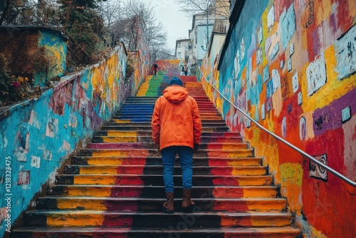 Colorful street art adorns vibrant stairs as a person ascends steep steps on a cloudy day in an urban area filled with creativity photo