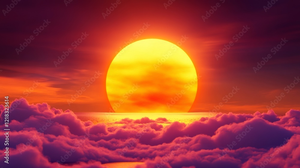 Sunset Above the Cloudscape - A vibrant sunset scene with a large, fiery sun setting over a sea of purple clouds. Perfect for backgrounds or peaceful imagery. Sunset Above the Cloudscape - A vibrant sunset scene with a large, fiery sun setting over a sea of purple clouds. Perfect for backgrounds or peaceful imagery.