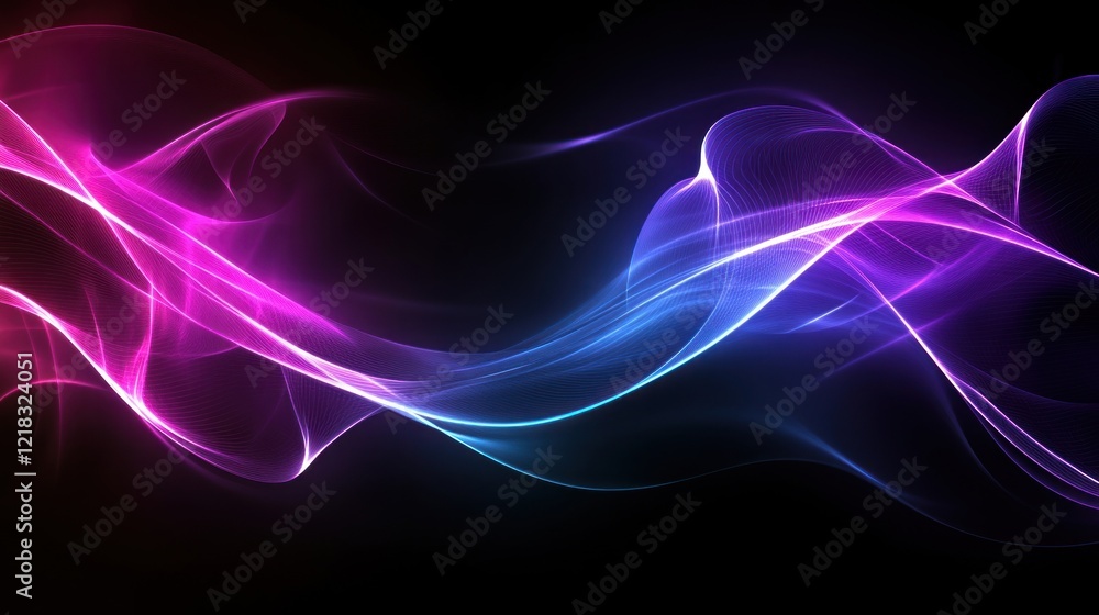 Obraz premium Abstract flowing pink and blue light waves on black background.
