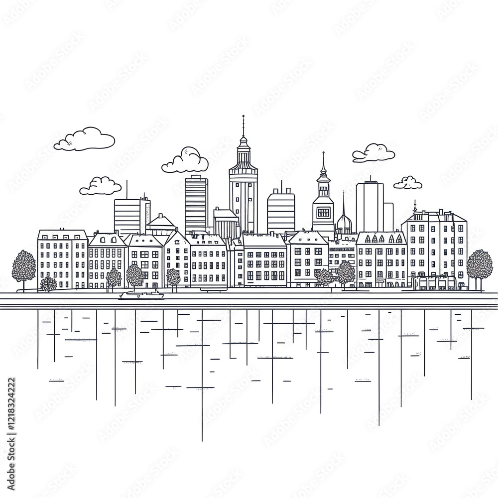Obraz premium Cityscape at Nightline art style buildings reflection water trees clouds