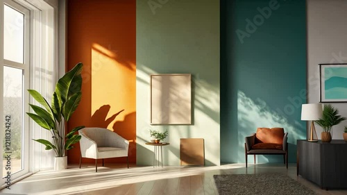 Wallpaper Mural Sunlit Modern Living Room Interior Design with Colorful Walls, Comfortable Armchairs, and Tropical Plants Torontodigital.ca
