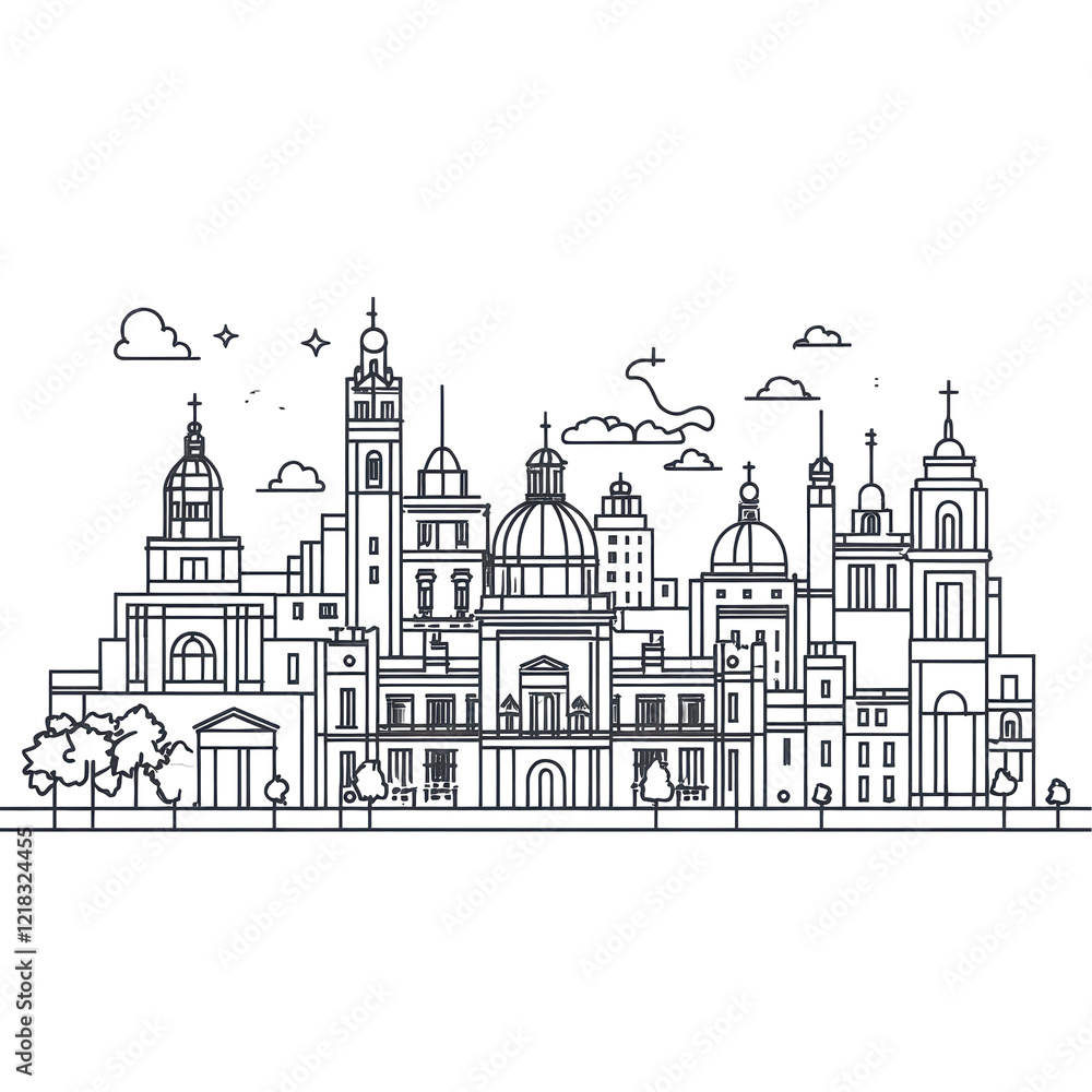 Cityscape Line Art Skyline Urban Architecture Buildings Churches Night Dark Cityscape Line Art Skyline Urban Architecture Buildings Churches Night Dark