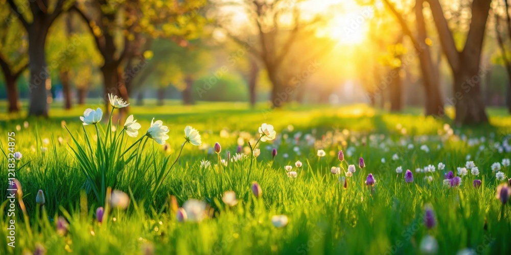 Obraz premium Golden hour sunlight illuminating a vibrant meadow with delicate white blossoms and purple wildflowers, creating a picturesque springtime scene.