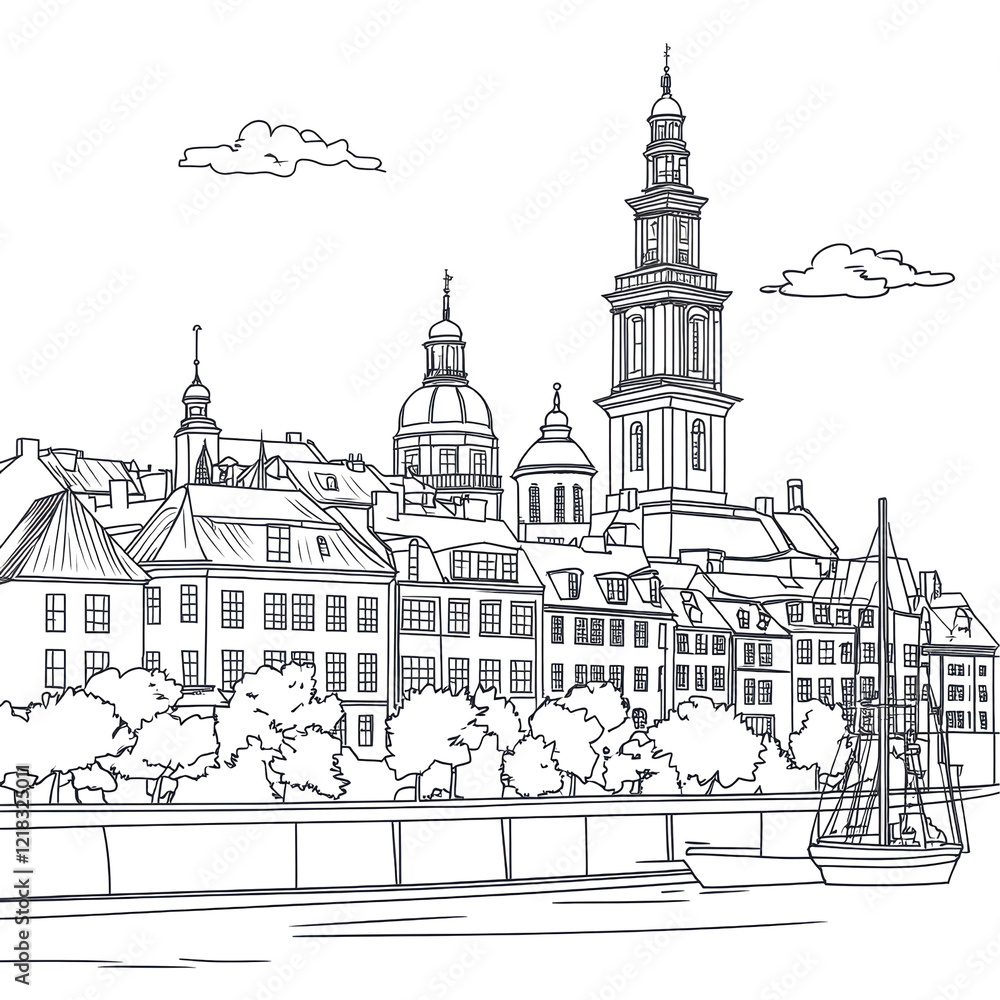 Obraz premium Gdansk Old Town waterfront sketch black and white cityscape illustration
