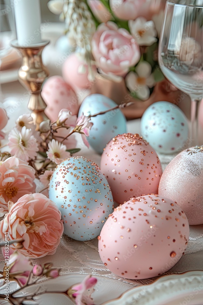 Obraz premium Eggs painted in light pastel colors with sequins and beads, laid out on a festive table