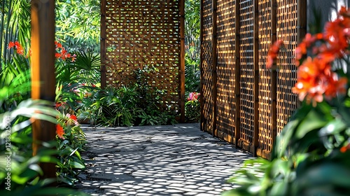 Sunlit garden path with wooden screens and vibrant flowers. photo