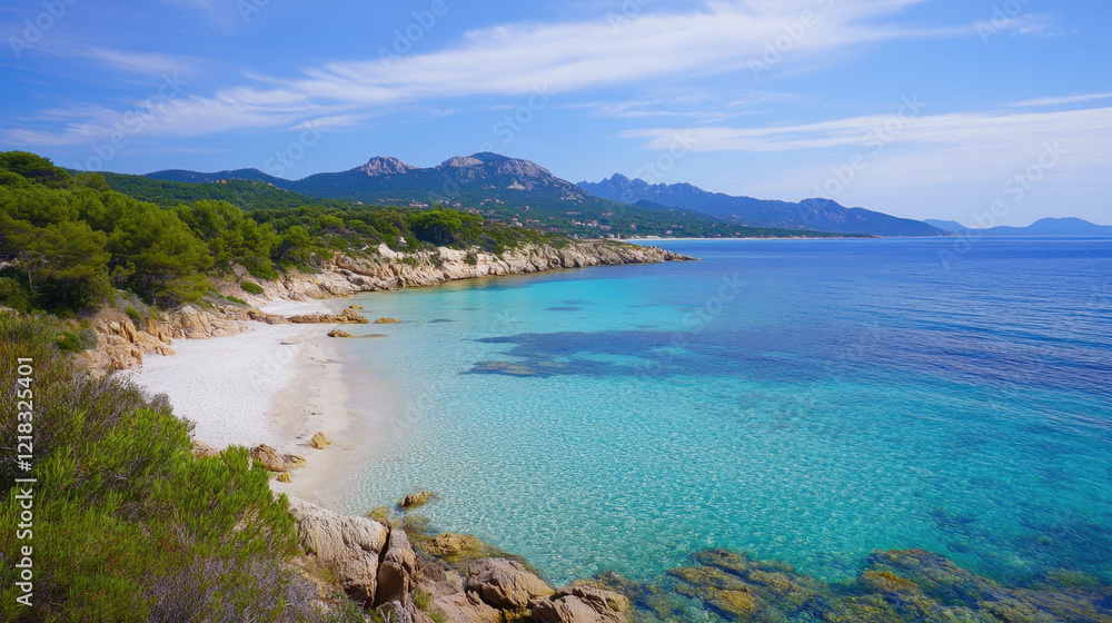 serene beach with clear turquoise water, rocky shoreline, and lush greenery. mountains in background add to picturesque landscape, creating tranquil atmosphere serene beach with clear turquoise water, rocky shoreline, and lush greenery. mountains in background add to picturesque landscape, creating tranquil atmosphere