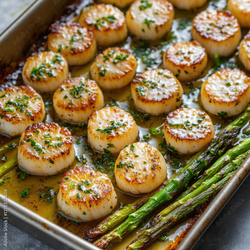 Baked scallops with herbs and asparagus in roasting pan, golden brown and garnished. delicious seafood dish perfect for any occasion Baked scallops with herbs and asparagus in roasting pan, golden brown and garnished. delicious seafood dish perfect for any occasion