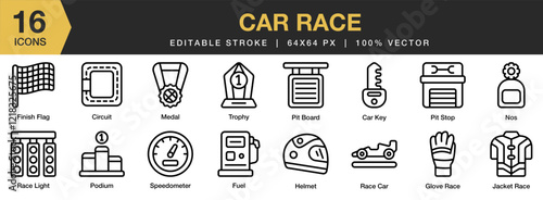 Car Race icon set. Editable Stroke Icon Collection. Includes speed, sport, automobile, race, car, drive, and More. Outline icons vector collection.