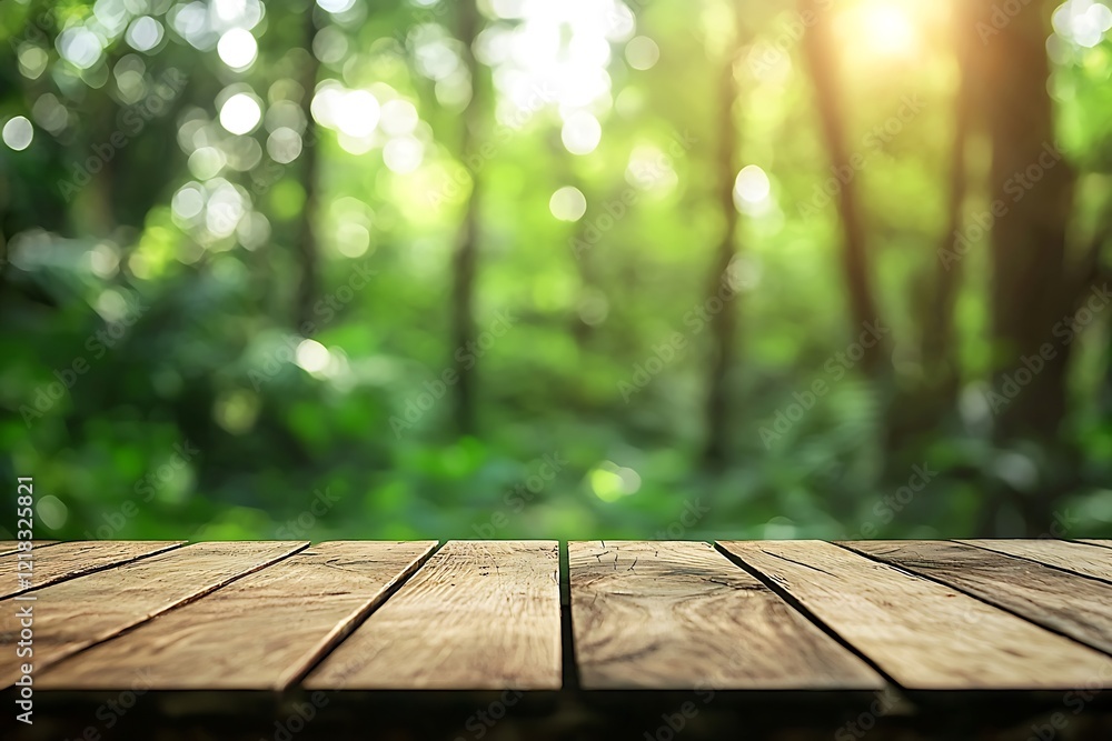 Wooden Tabletop in Sun Drenched Forest: A rustic wooden tabletop extends into a bokeh-filled vista of a sun-drenched forest. The soft light filters through the leaves. Wooden Tabletop in Sun Drenched Forest: A rustic wooden tabletop extends into a bokeh-filled vista of a sun-drenched forest. The soft light filters through the leaves.