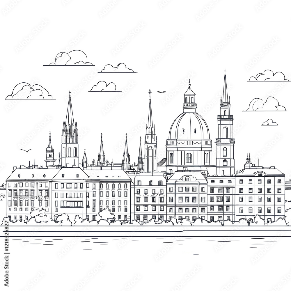 Prague skyline sketch dramatic architecture city buildings cityscape river Prague skyline sketch dramatic architecture city buildings cityscape river