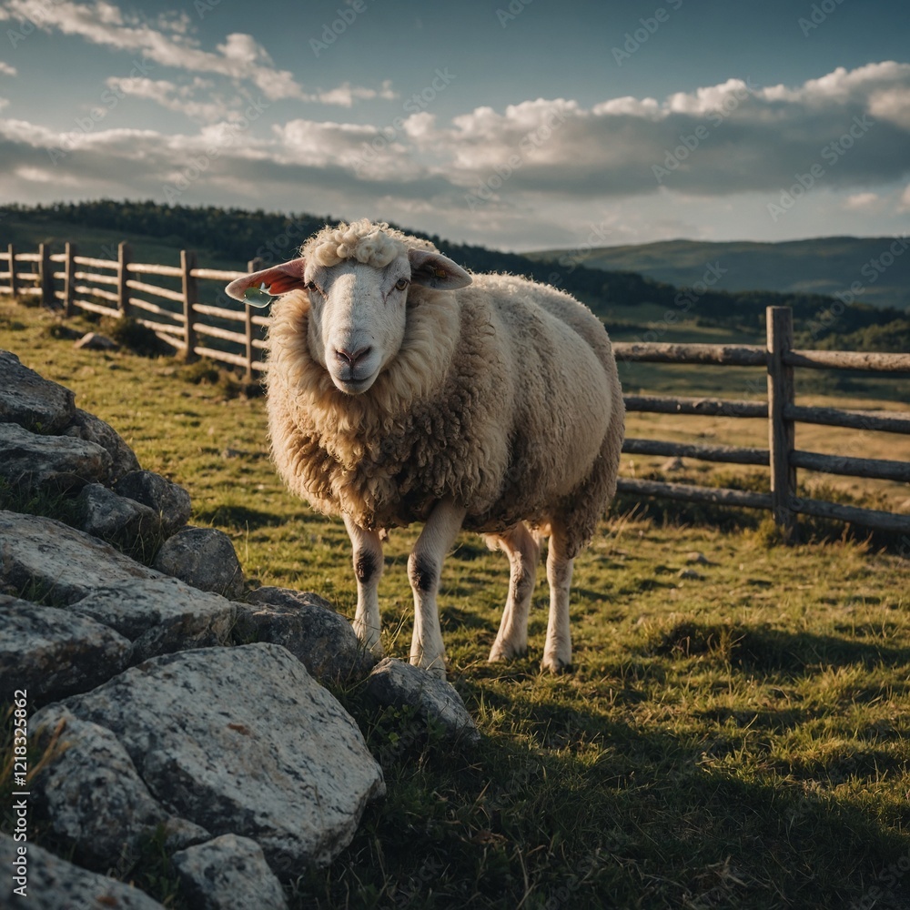 Obraz premium A fluffy white sheep standing in a meadow.