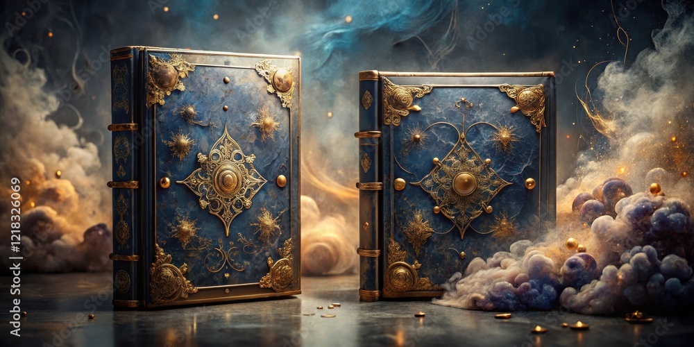 Ornate Antique Books Resting on a Dark Surface Amidst a Whimsical Cloud of Dust and Golden Particles Ornate Antique Books Resting on a Dark Surface Amidst a Whimsical Cloud of Dust and Golden Particles