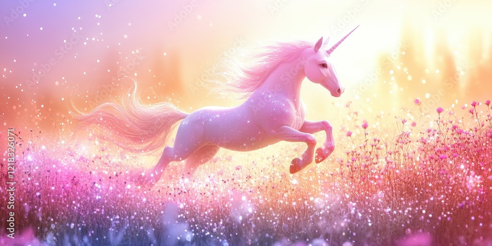 Pink Unicorn Leaping Through Magical Flower Field Pink Unicorn Leaping Through Magical Flower Field
