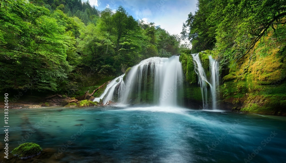 Panoramic beautiful deep forest waterfall. Generated image Panoramic beautiful deep forest waterfall. Generated image
