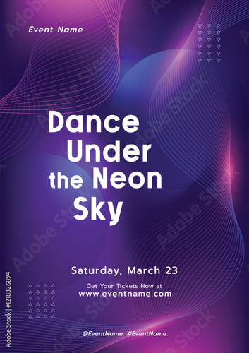 EDM or Electronoic Dance Music festival poster with neon purple and blue tones, dynamic wave patterns. Futuristic, Technology abstract background.