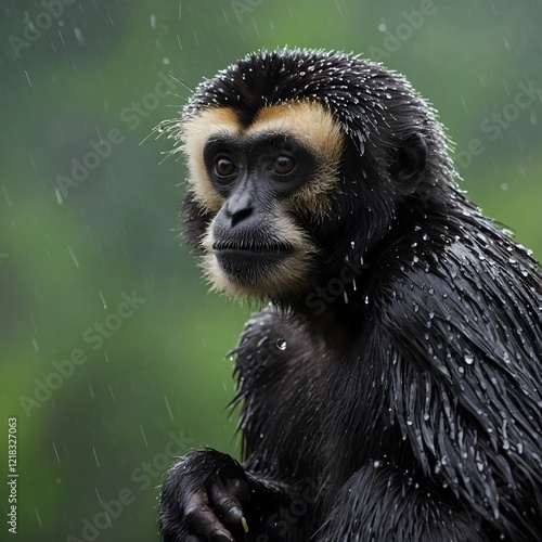 A Gibbon Braving the Rain: A Powerful Scene in the Heart of the Storm photo