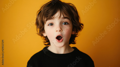 Surprised 10 year old child with curly hair expressing excitement against bright yellow background. child open mouth and wide eyes convey sense of wonder and joy photo