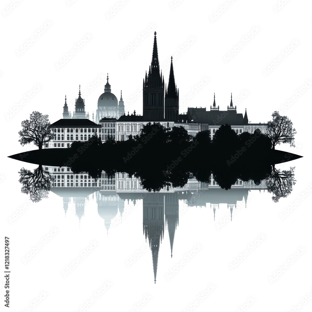 Obraz premium Nighttime Cityscape Silhouette Reflected in Water Stunning Architecture Dark Cityscape
