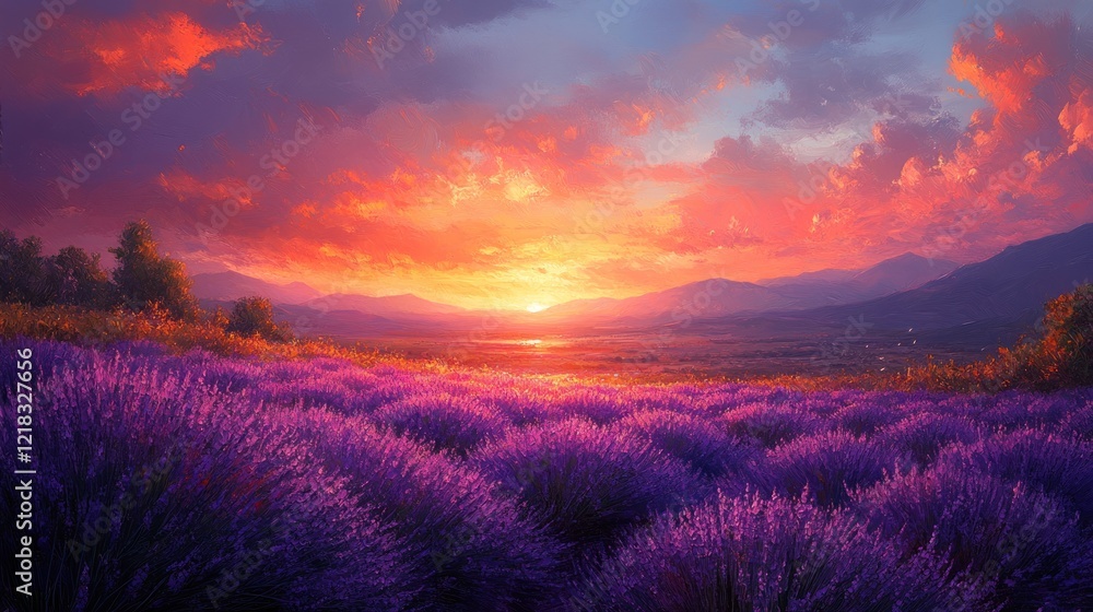 Vibrant sunset over a sprawling lavender field, mountains in the distance. Vibrant sunset over a sprawling lavender field, mountains in the distance.