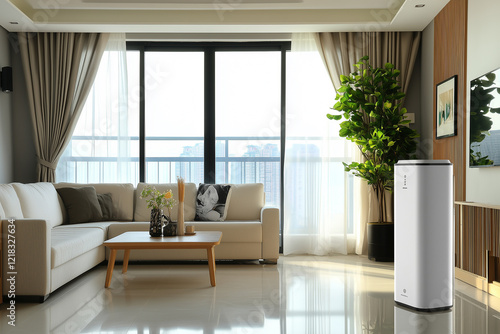 Air purifier in living room for filter and cleaning removing dust PM2.5. Protect PM 2. 5 dust and air pollution concept. Generative Ai.

 photo