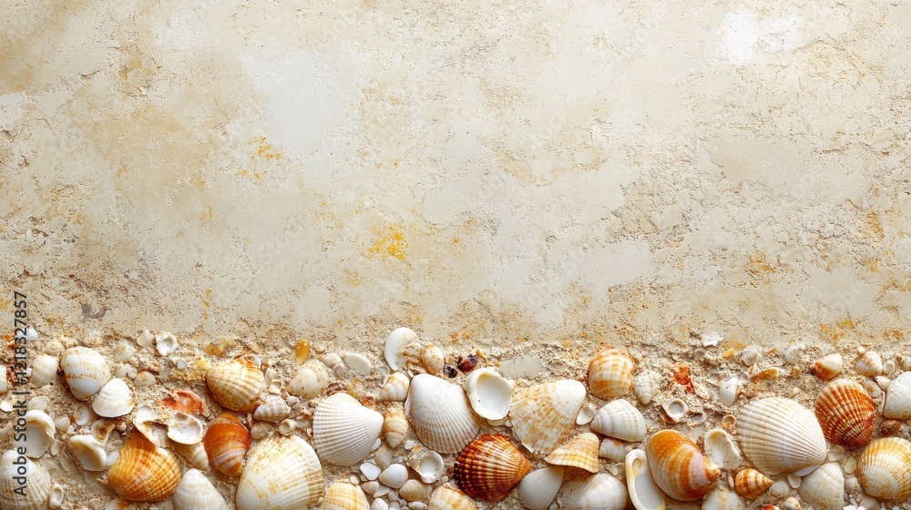 Seashells arranged on a sandy beige background Seashells arranged on a sandy beige background