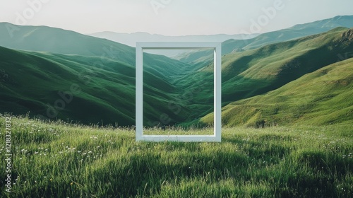 White Frame Encases Verdant Rolling Hills Landscape