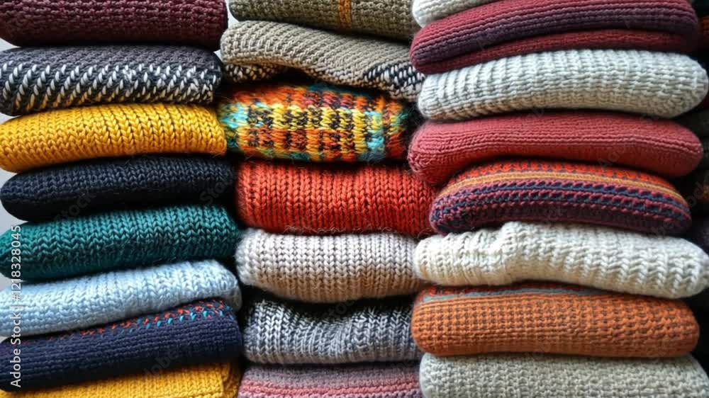 A Colorful Stack of Knitted Sweaters: Cozy Winter Fashion A Colorful Stack of Knitted Sweaters: Cozy Winter Fashion