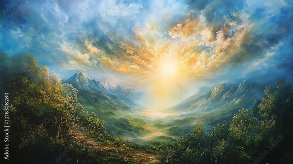 Naklejka premium Sunlit Valley with Majestic Mountains and Verdant Forest Path Under a Radiant Sky - High Definition Oil Painting