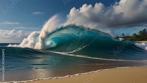 Big breaking Ocean wave on a sandy beach on the north shore of Oahu Hawaii Generative AI photo