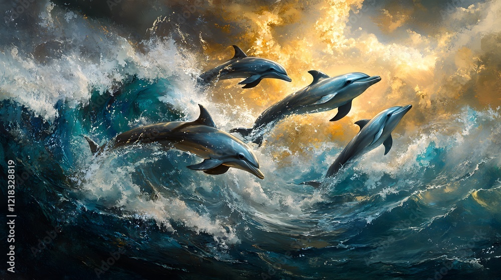 Obraz premium Dolphins Leaping Through Waves Under Dramatic Cloudy Sky