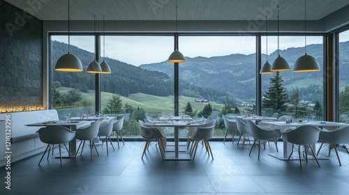 Modern mountain restaurant interior, panoramic view, elegant dining photo