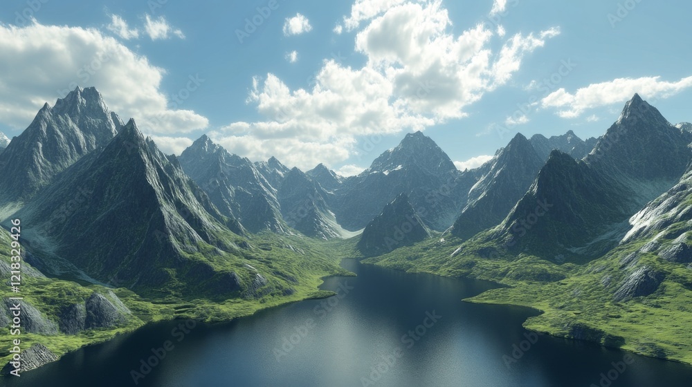 Fototapeta premium Mountain landscape with river delta. Vector cartoon illustration of water flowing into sea, majestic rocky peaks with glacier, green valley with blooming bushes, sunny sky with clouds. Vacation banner