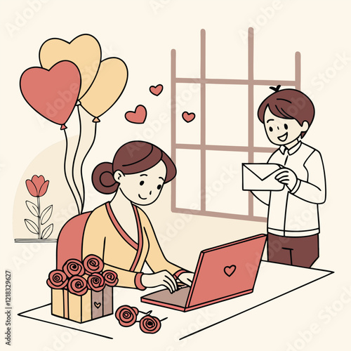 Valentine day girl and boy working