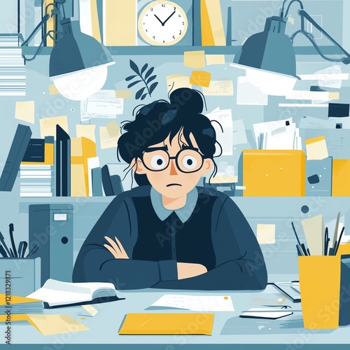 Vector illustration of an office worker sitting at their desk, looking frustrated and distressed with papers scattered around them. Represents work stress and overload