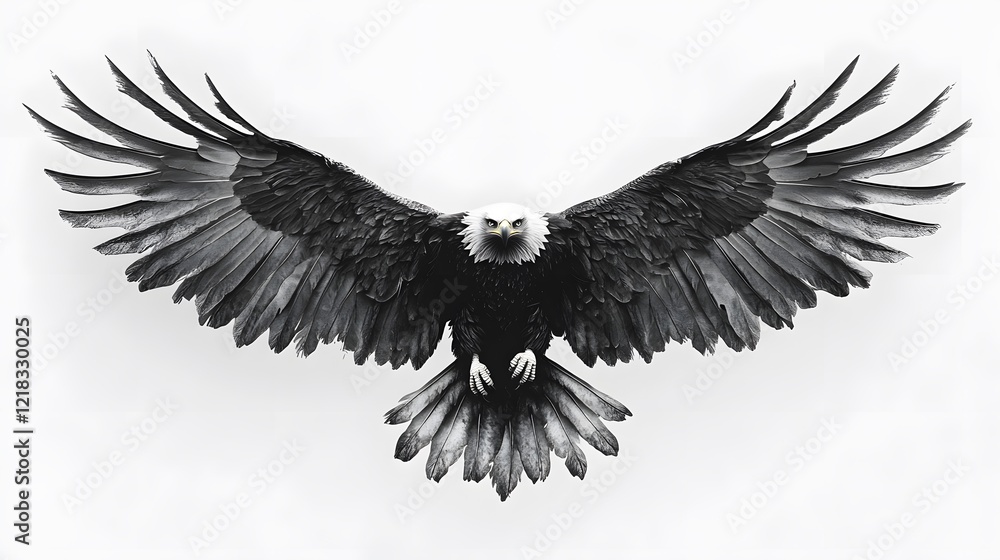 Fototapeta premium Majestic Bald Eagle Spreading Wings in Monochrome Artistry