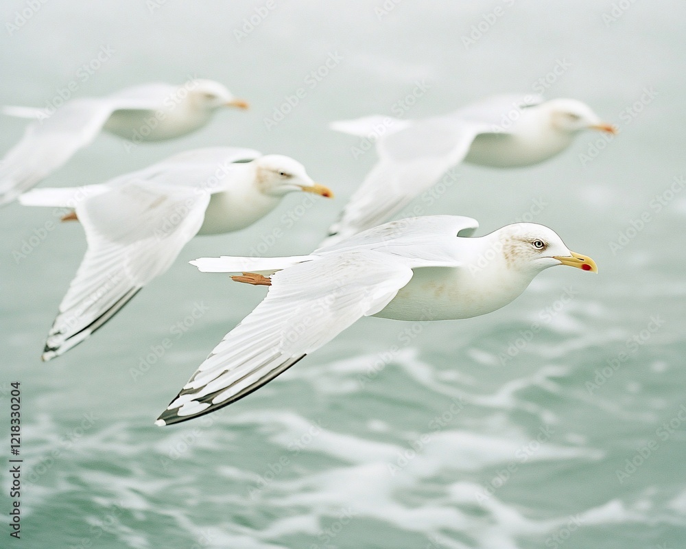 Four seagulls in flight over ocean waves. Four seagulls in flight over ocean waves.